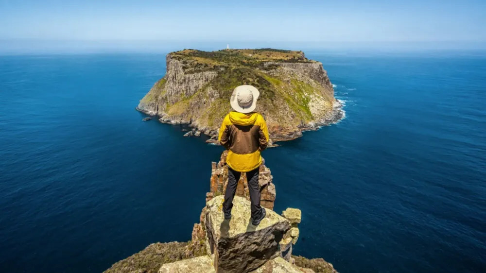 young man trekking coast tasmania australia.